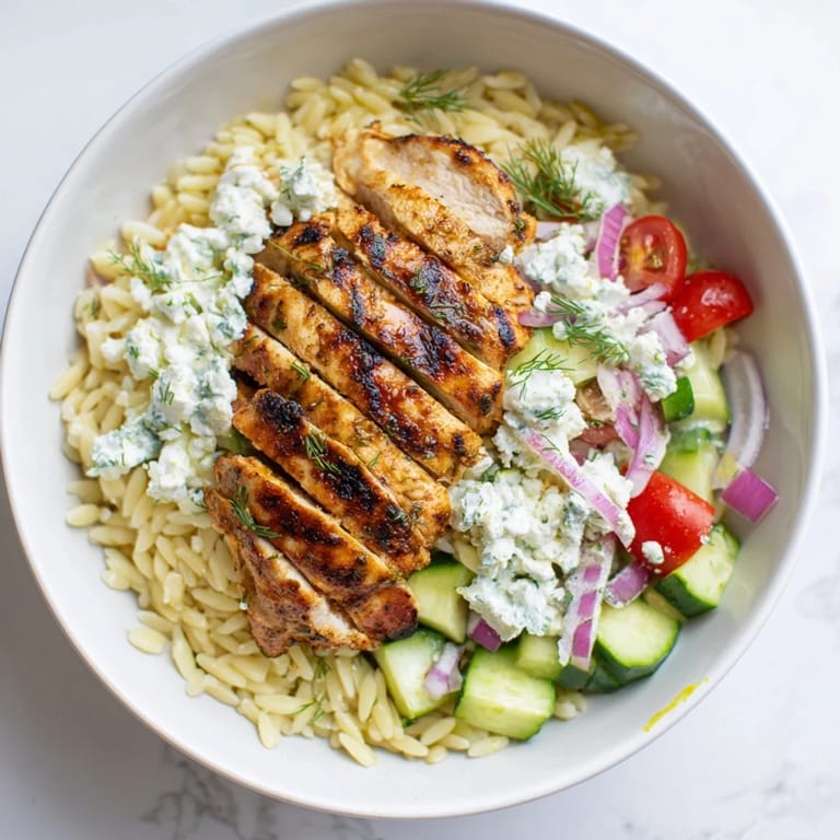 Imagine a close-up of this Greek Chicken Gyro Pasta Bowl, a hearty meal with tender chicken and tangy feta dressing.