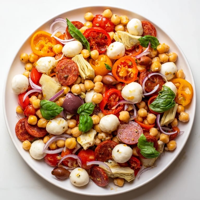 This refreshing Antipasto Chickpea Salad combines chickpeas, olives, and tomatoes for a perfect summer appetizer.