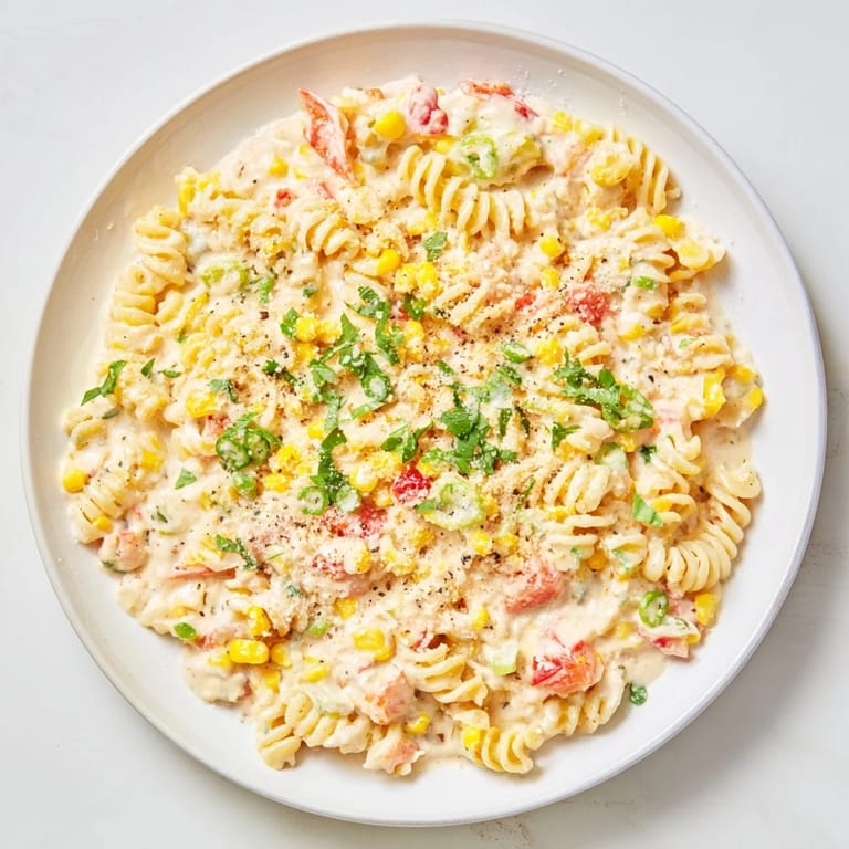 Close-up of a flavorful One-Pot Mexican Street Corn Pasta, showcasing its colorful ingredients.