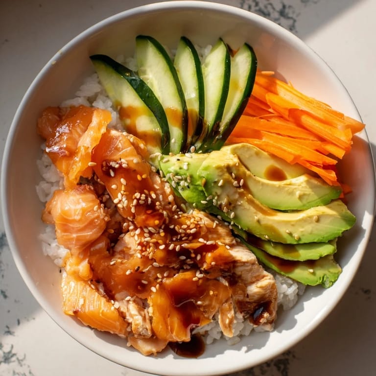 Enjoy this comforting Japanese-Style Salmon & Chicken Rice Bowl: tender chicken and salmon over fluffy rice, ready to eat!