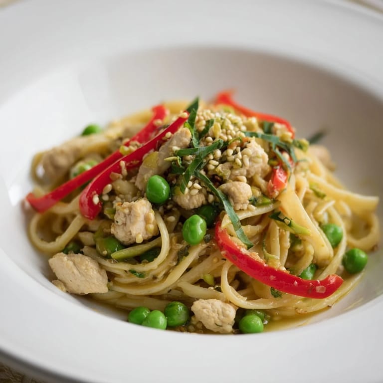 Delicious, Asian-inspired Sesame Hoisin Ground Chicken Pasta, with glistening noodles and sesame seed garnish.
