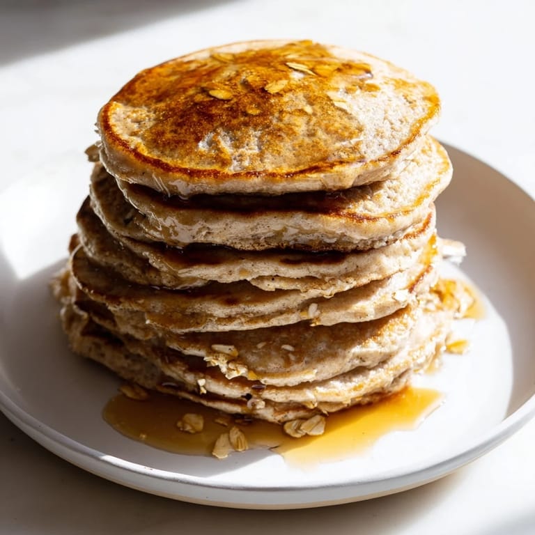 Freshly cooked banana oat pancakes ready to eat, drizzled with maple syrup for a perfect morning treat.