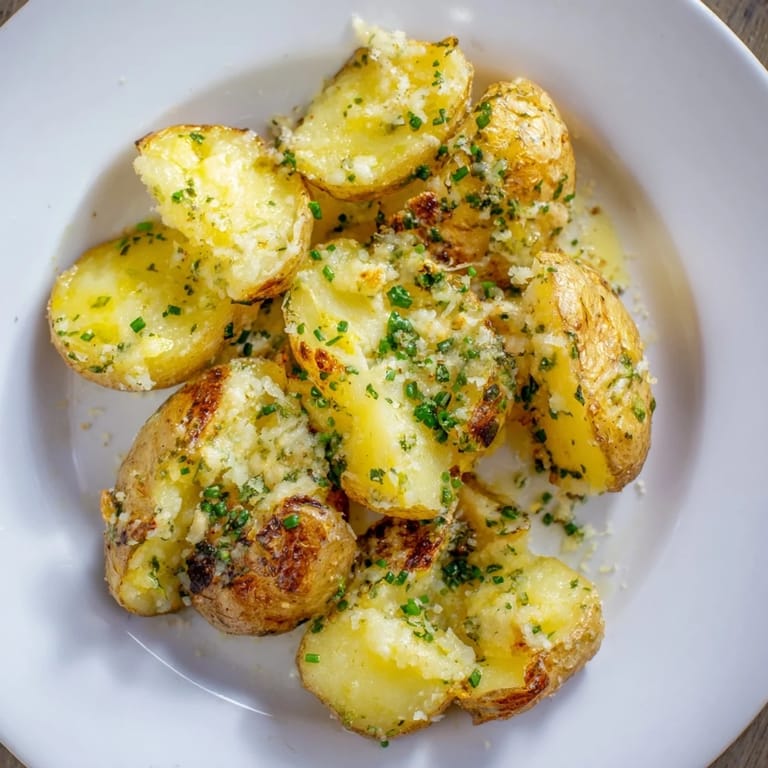 A close-up of oven-baked Parmesan smashed potatoes, showcasing fluffy insides and golden, crunchy exteriors.
