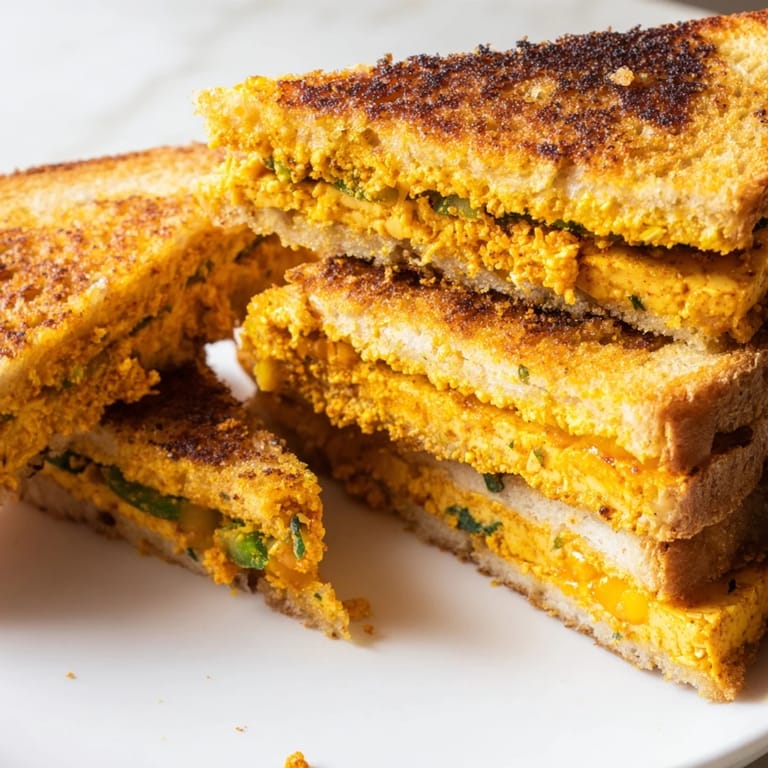 Close up shot of the vegan Spicy Crispy Tofu Grilled Cheese, showcasing crispy tofu and gooey cheese.