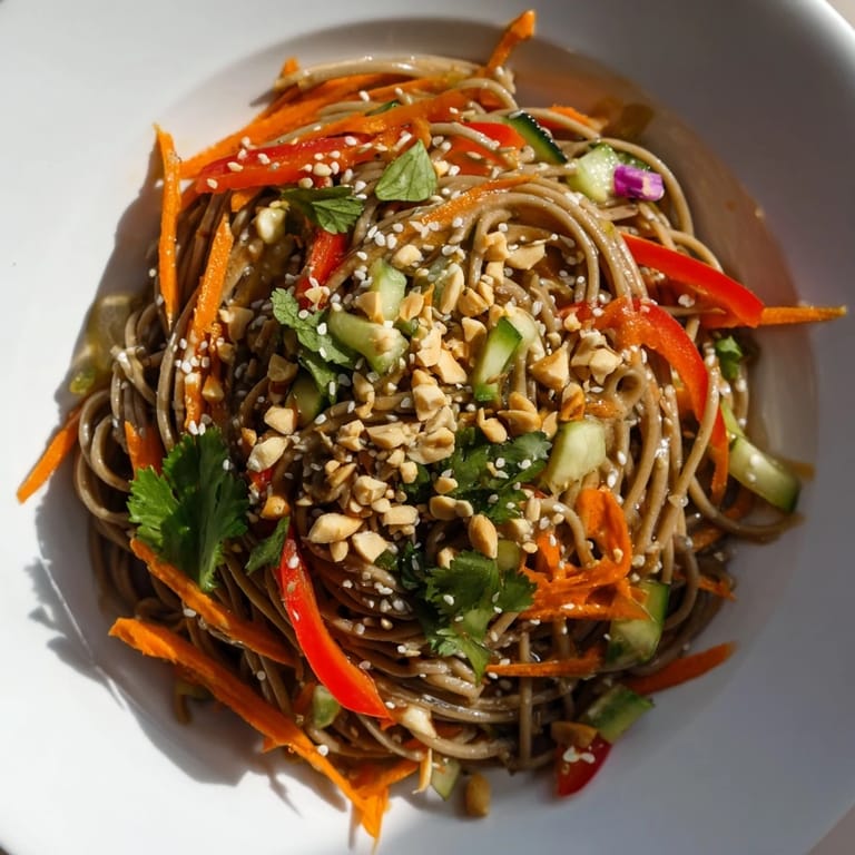 A chilled bowl of cold noodle salad, tossed with sesame-ginger dressing and crunchy peanuts.