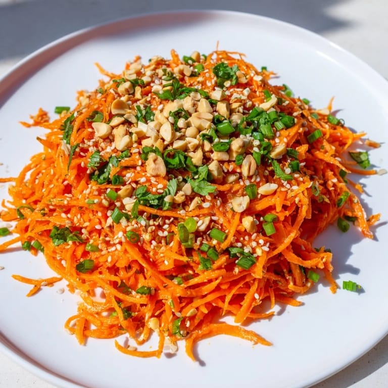 Crispy, crunchy texture of Spicy Carrot Salad featuring peanuts and sesame seeds as a garnish.