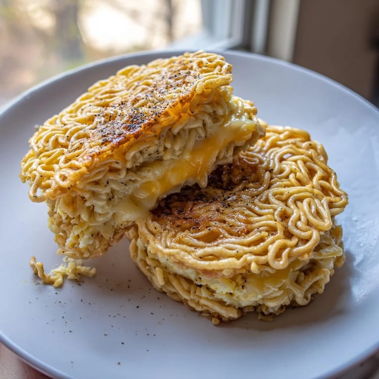 Close-up of a perfectly cooked Ramen Grilled Cheese, with crispy noodle buns and gooey cheese pull.