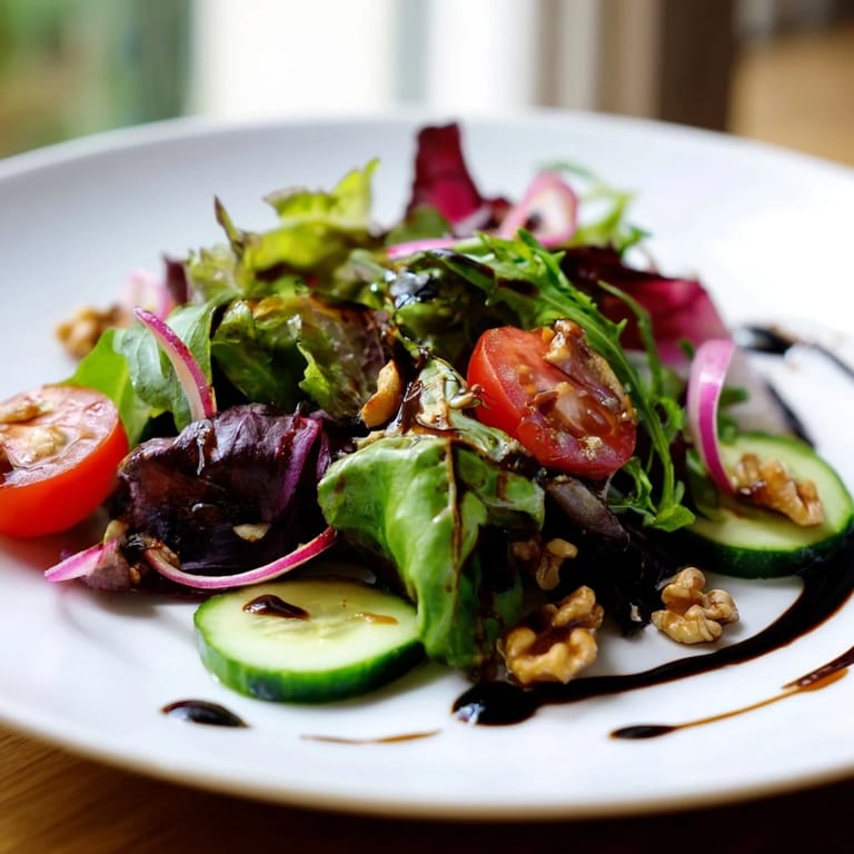 Bright Quick Balsamic Vinegar Salad, showcasing vibrant produce and glistening with olive oil dressing.
