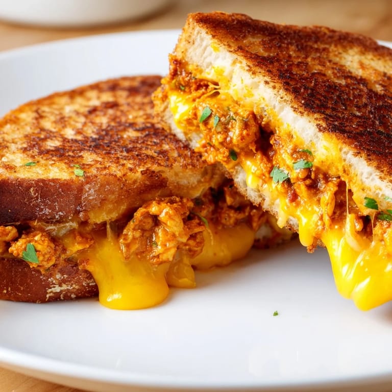 Crispy, buttery bread, packed with savory butter chicken, creates the ultimate comfort food grilled cheese.