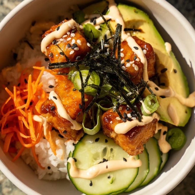 Picture the vibrant Salmon Bites Bowl, with tender salmon, creamy sauce, served over fluffy rice and greens.