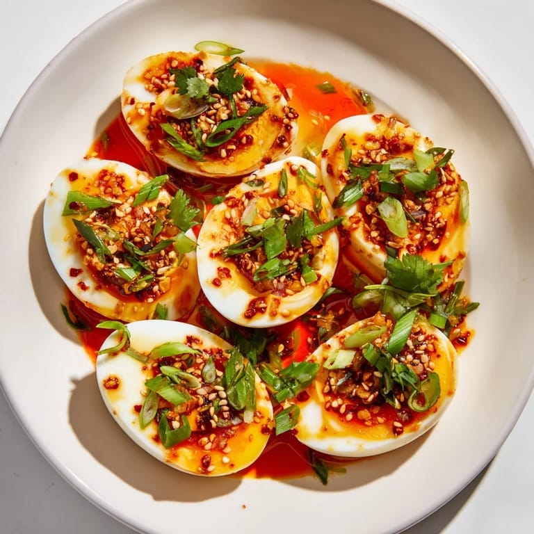 Savory Chili Oil Eggs, jammy yolks drenched in a flavorful sauce, sprinkled with green onions.