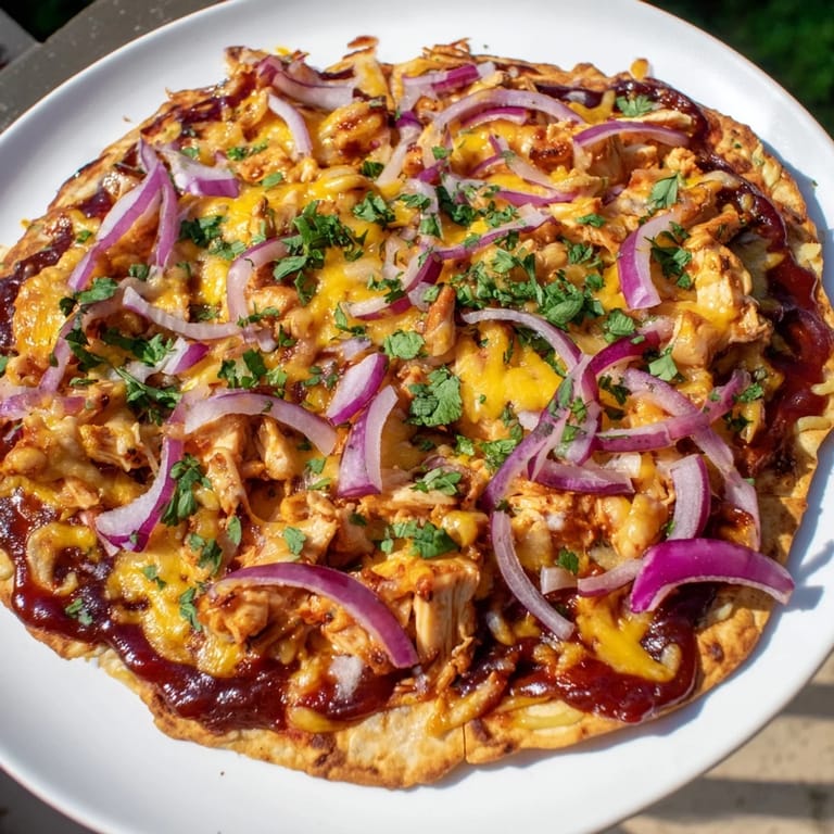 Enjoy a slice of homemade, delicious BBQ Chicken Flatbread, smelling savory and smoky from the oven.