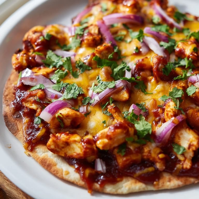 Crispy BBQ Chicken Flatbread, loaded with melted cheddar and mozzarella, ready to serve with fresh toppings.