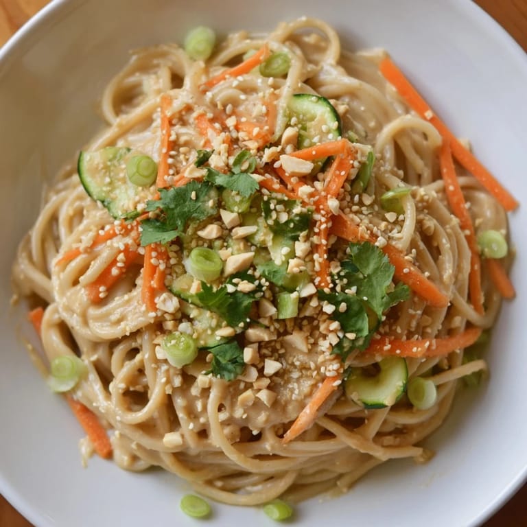 A close-up of cold sesame noodles, creamy and flavorful, ready to be enjoyed as a refreshing meal.