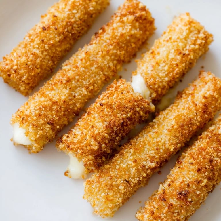 A close-up view of perfectly fried Air Fryer Mozzarella Sticks, showing their crunchy breading texture.
