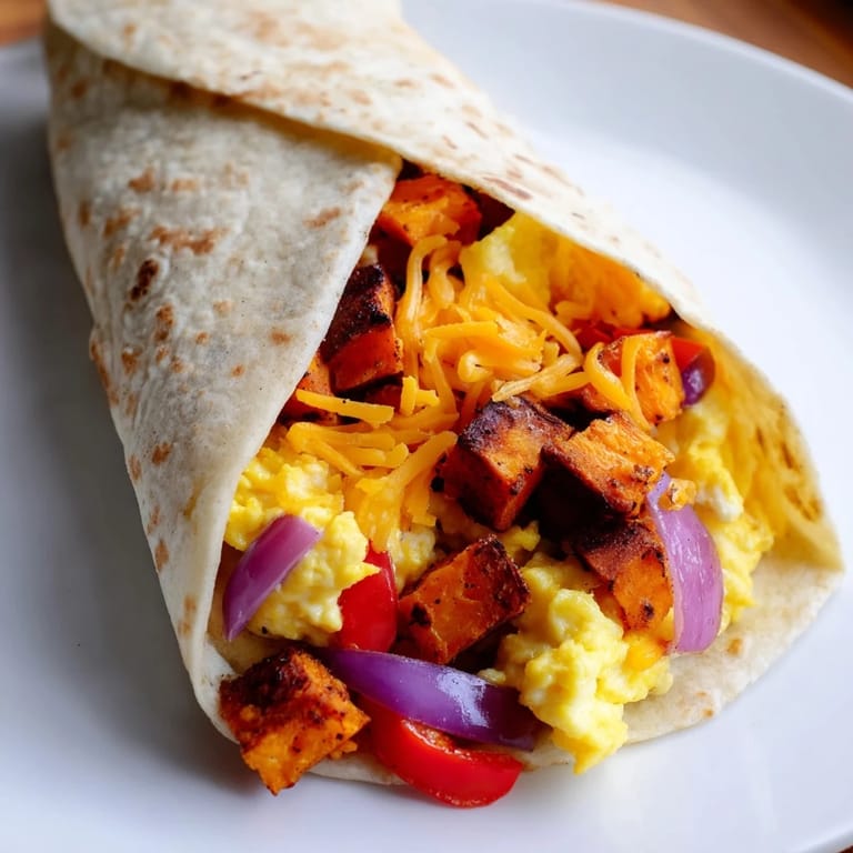 A close-up of a delightful sweet potato breakfast burrito, showing off the fluffy scrambled eggs inside.