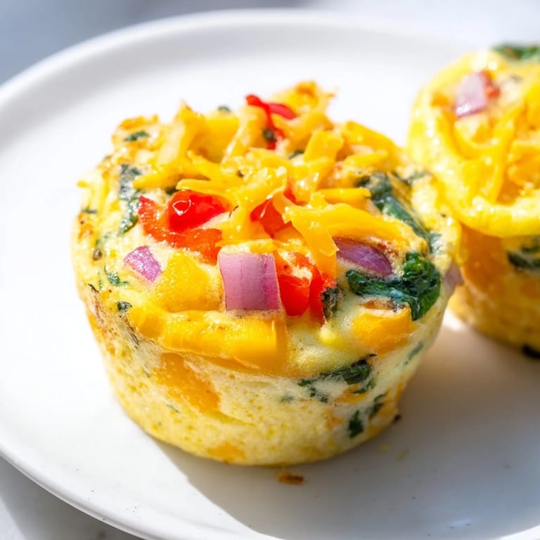 These savory Customizable Egg Muffins display vibrant vegetables and melted cheese, ready for a healthy start.
