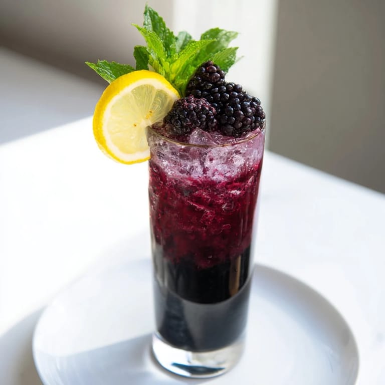 This Dark Matter Mocktail features a beautifully layered effect with activated charcoal and fresh blackberry syrup, perfect for special events.