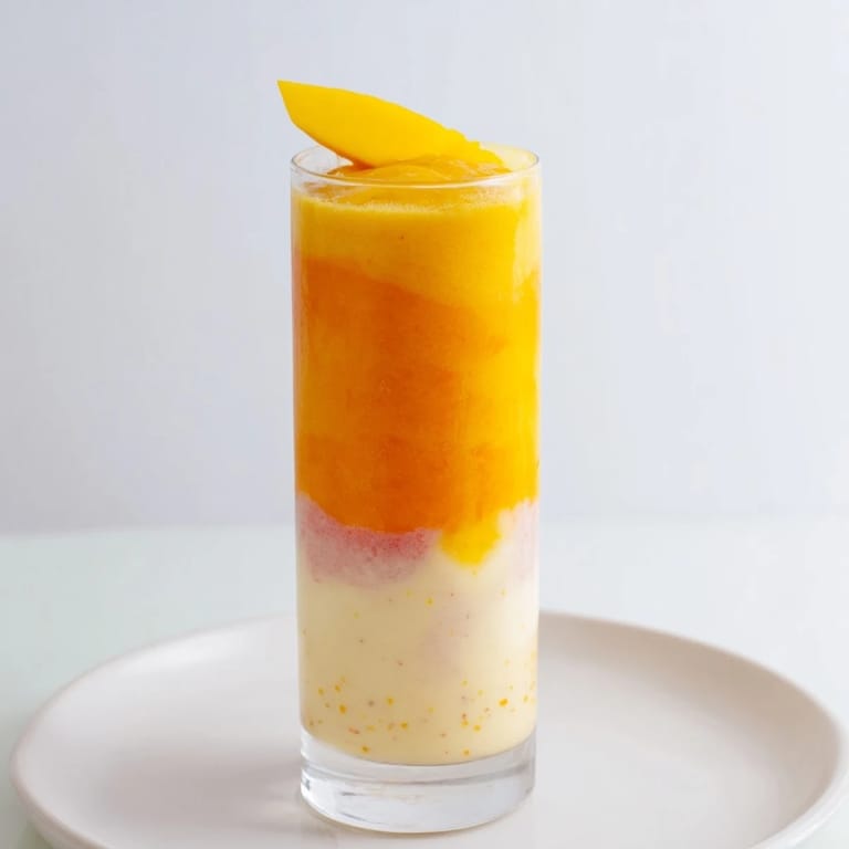 A layered Tropical Sunset Smoothie awaits, featuring fresh fruit blended for a healthy, delicious snack.