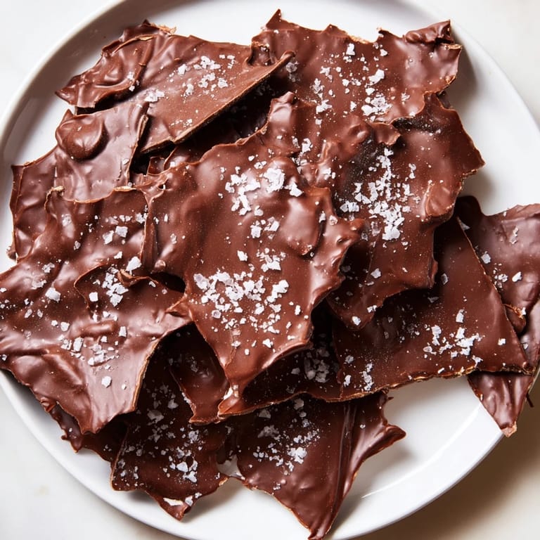 Flaky sea salt sparkles atop pieces of delightful Chocolate Potato Chip Bark, a tempting dessert.