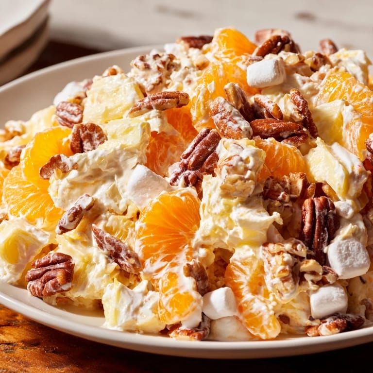 A serving of Elevated Ambrosia Salad, showcasing mandarin orange segments and bourbon-infused whipped cream.