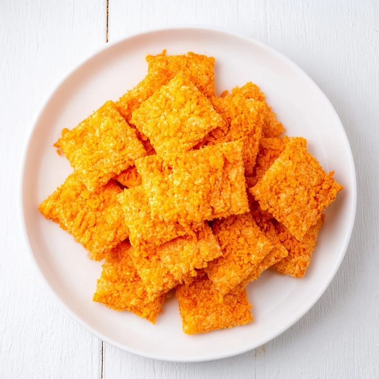 Close-up of baked Crispy Cheeto Cheese Crackers, showcasing the texture, with hints of red paprika, ready to eat.