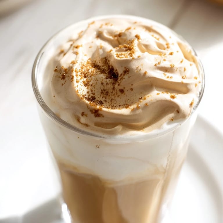 Creamy, cloud-like peaks of whipped Dalgona coffee gracefully float over a tall glass of milk, a simple delight.