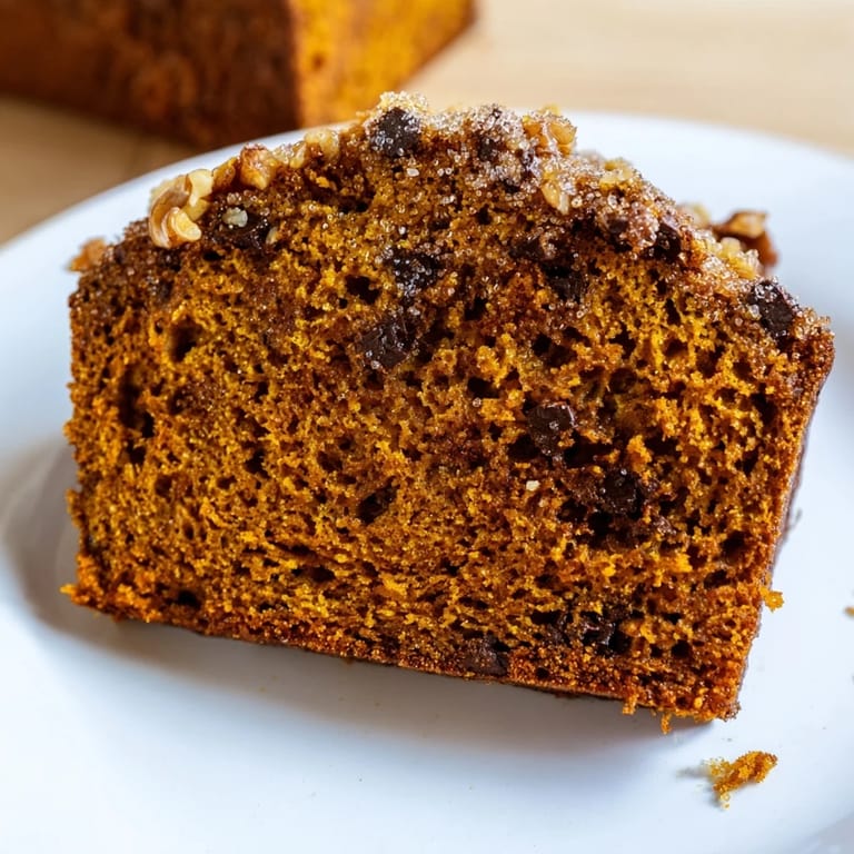 A slice of moist pumpkin bread loaf, perfect for a cozy fall breakfast, served warm.