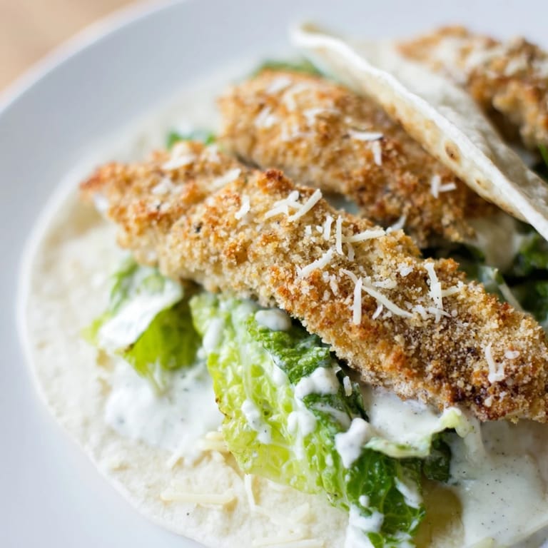 Close-up of a Crispy Chicken Caesar Wrap, showing golden-brown chicken, chopped lettuce, and grated Parmesan inside.