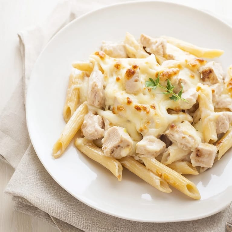 Steam rises from the cheesy Chicken Ranch Pasta Bake, revealing creamy ranch sauce and tender chicken pieces inside penne.
