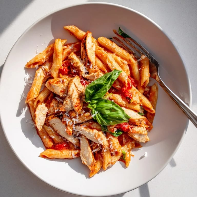 A rustic white bowl holds a colorful Spicy Tomato Chicken Pasta dish, perfect for a quick weeknight dinner.