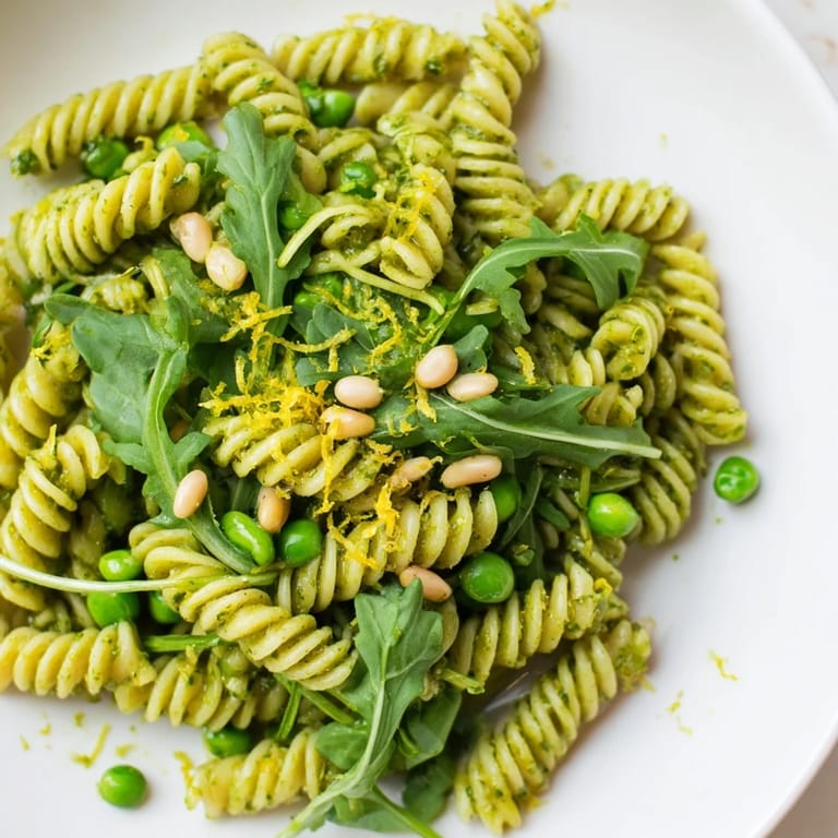 Spring Green Pesto Pasta Salad garnished with toasted pine nuts and lemon zest on a rustic wooden table.