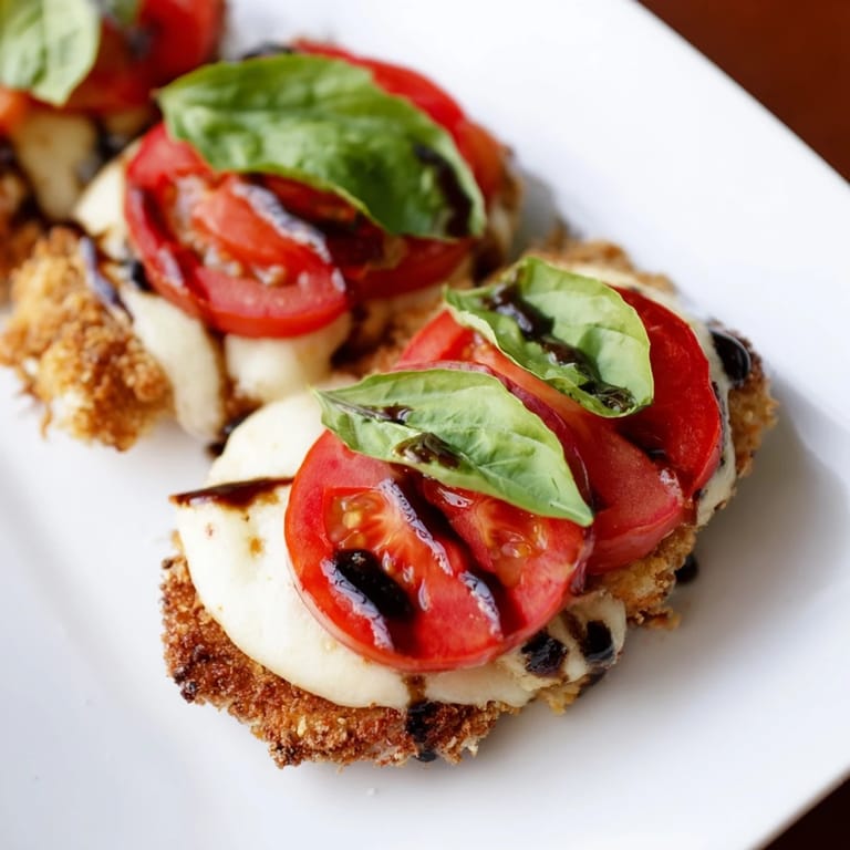 A close-up of the Crispy Chicken Caprese Sandwich, showing the juicy chicken and vibrant fresh tomato on a rustic roll.