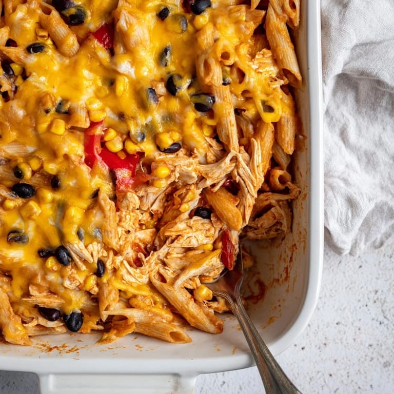 Fresh cilantro and sliced jalapeños garnish this bubbling Chicken Burrito Pasta Bake, served in a white ceramic dish for a vibrant, Tex-Mex inspired weeknight dinner.