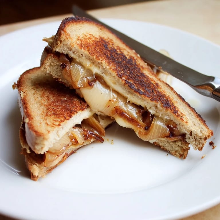A gourmet Caramelized Onion & Gruyère Grilled Cheese sits beside a fresh salad, perfect for a comforting vegetarian lunch.