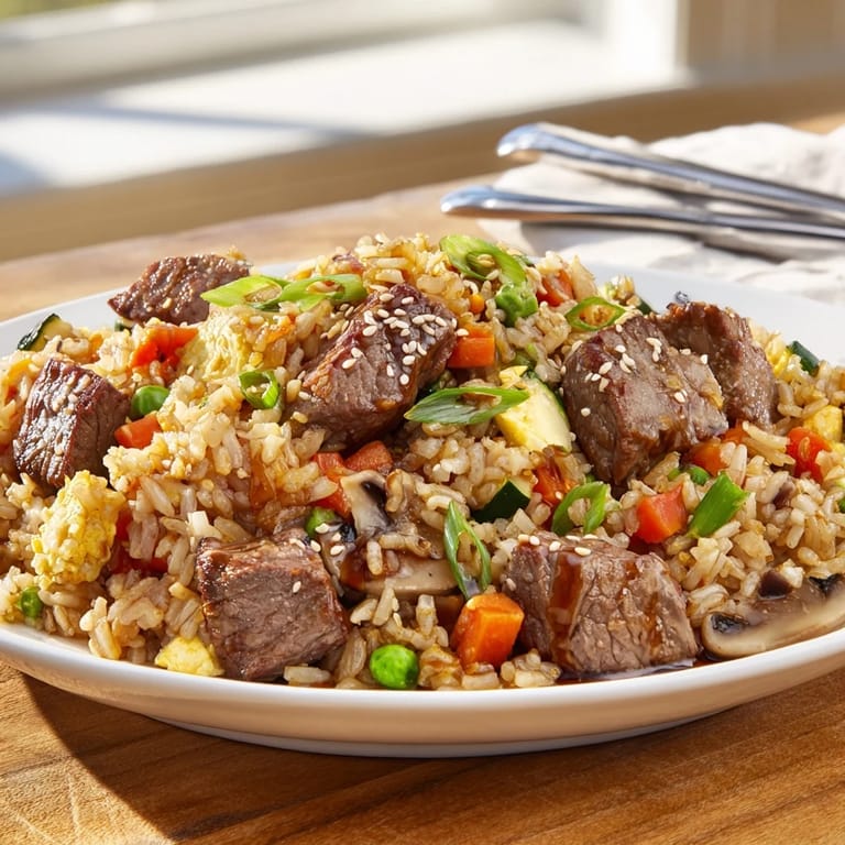 A close-up of savory Easy Hibachi Steak With Fried rice reveals fluffy jasmine rice mixed with scrambled eggs, fresh green onions, and perfectly seared beef chunks.  
