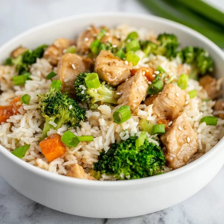 The golden chicken and crisp broccoli combine with fluffy rice in this One Pan Honey Garlic Chicken Broccoli Rice dinner.