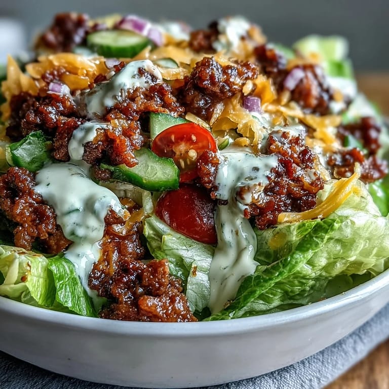Juicy ground beef topping an Easy Big Mac in a Bowl, ready to enjoy.