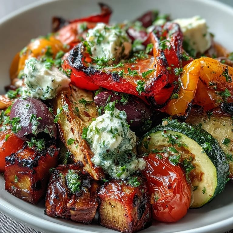 Colorful Roasted Greek Salad featuring caramelized vegetables and briny olives, perfect for sharing.