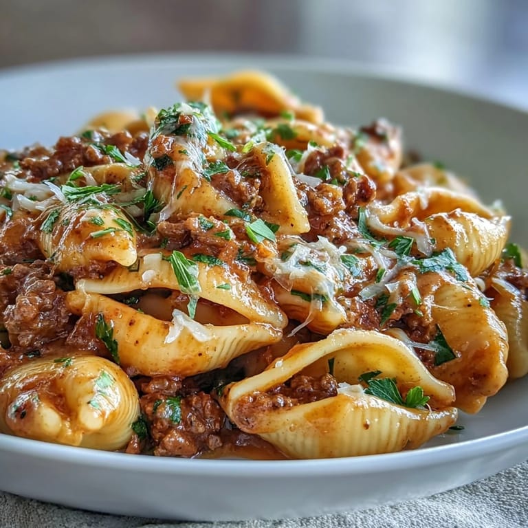 Close-up visual of One Pot Creamy Beef and Shells, rich sauce coating pasta.