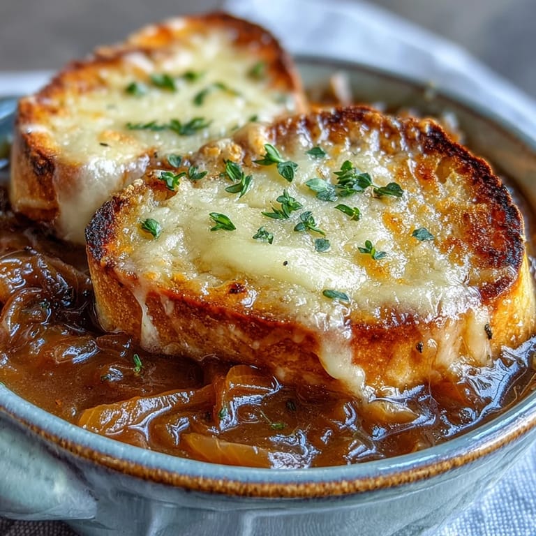 A rustic bowl of Classic French Onion Soup with melted cheese and a side of white wine.