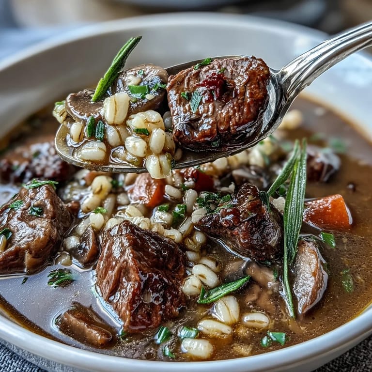 Hearty homemade beef and barley soup with mushrooms, pancetta, carrots, and celery in a Dutch oven. 