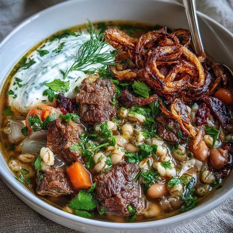 A ladle of hearty Persian-inspired Beef Barley Soup garnished with fresh herbs, served with crusty bread.