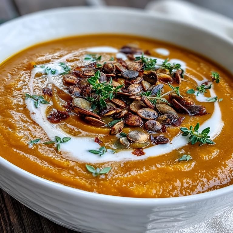 Velvety smooth Roasted Butternut Squash Soup served with a drizzle of heavy cream and crusty bread.