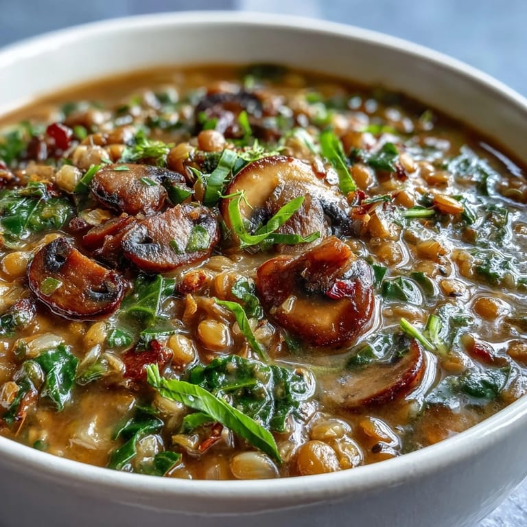 A close-up of savory Double Lentil and Mushroom Barley Soup served in a cozy bowl, garnished with chopped parsley.