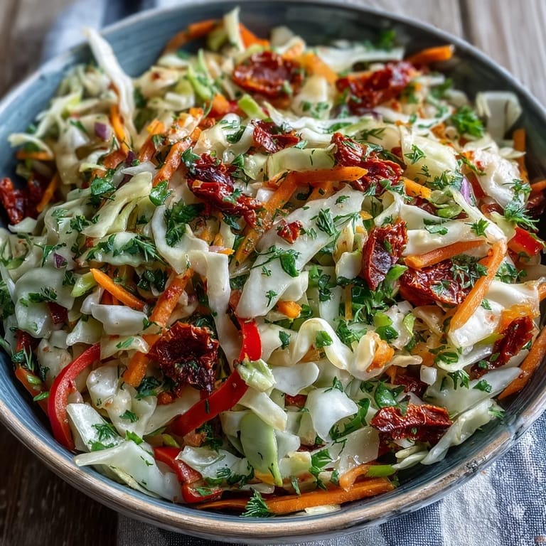 Overhead shot of Cabbage Salad With Sundried Tomatoes, featuring a medley of crisp cabbage, julienned carrots, and red bell pepper ribbons, studded with chewy sun-dried tomatoes and flecks of green parsley and dill. The salad fills a rustic bowl, with a fork resting nearby, ready for a refreshing lunch or light side dish.