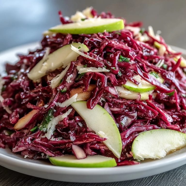 Crunchy Red Cabbage Coleslaw With Apple and Parmesan featuring crisp apple slices and salty cheese shavings, topped with fresh parsley on a rustic table.