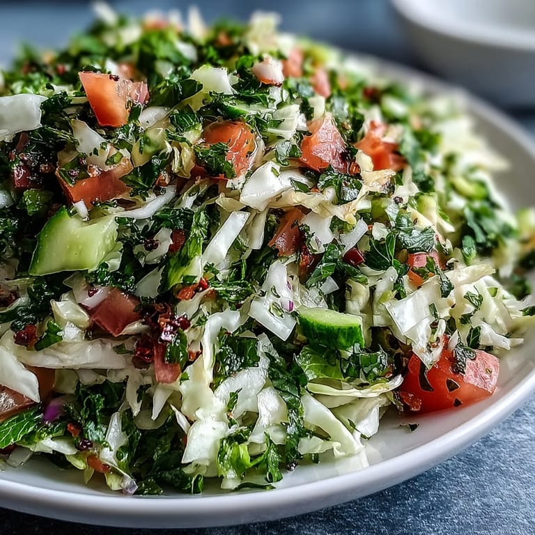 Freshly prepared Lebanese Cabbage Salad tossed with a zesty lemon dressing and extra-virgin olive oil, ready to be served as a refreshing vegan side dish.