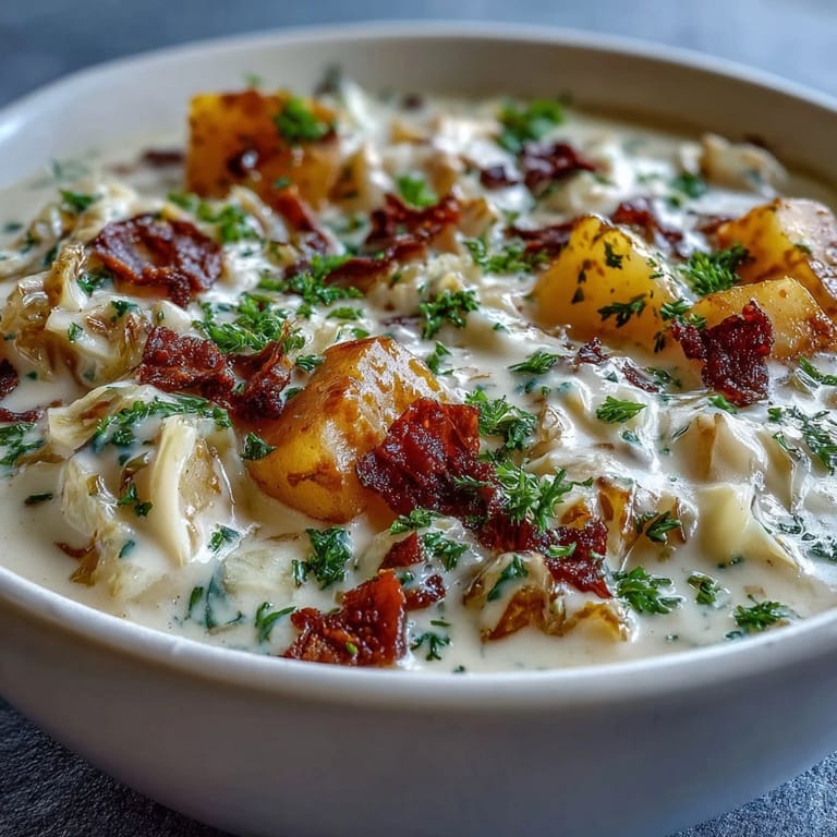 Steam rises from a bowl of Creamy Potato Soup with Cabbage, revealing tender potatoes and carrots in a velvety broth.