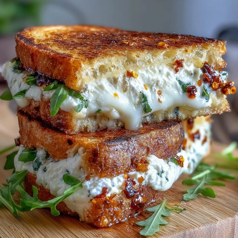 Two halves of a golden goat cheese grilled cheese with honey and chili flakes sit on a rustic board, ready for a cozy vegetarian snack.